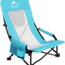 Oileus Folding Portable Beach Chair, Lightweight High Back Low Seat for Tent & Shelter & Camping, Full Mesh Back, Cup Holder, Storage/Carry Bag, Armrest - 1 Pcs