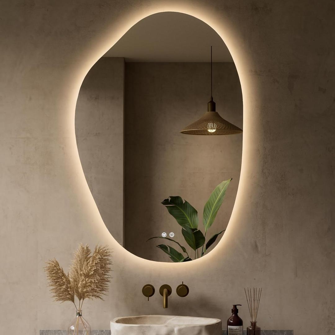 Keonjinn Irregular Bathroom Mirror with Lights, 24 x 36 Inch Asymmetrical LED Bathroom Mirror with Tempered Glass, UL-Listed LED Driver, Stepless Dimmable with 3 Colors, Defogging(Horizontal/Vertical)