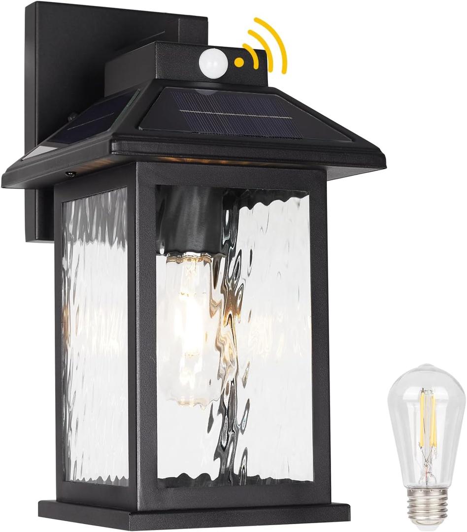 Solar Wall Lanterns Outdoor Motion Sensor, Solar Powered Porch Light Fixture, Waterproof Dusk to Dawn Outdoor Wall Sconce Lantern Lamp for Garage Shed Barn Yard Garden Front Door