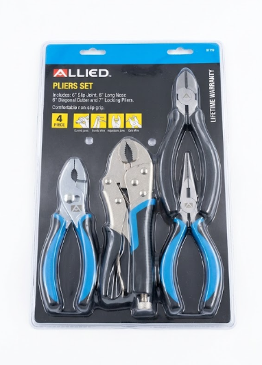 Allied 4pc Pliers 6” Slip Joint, 6”Long Nose, 6”Diagonal, 7” Locking Non-Slip, Blue