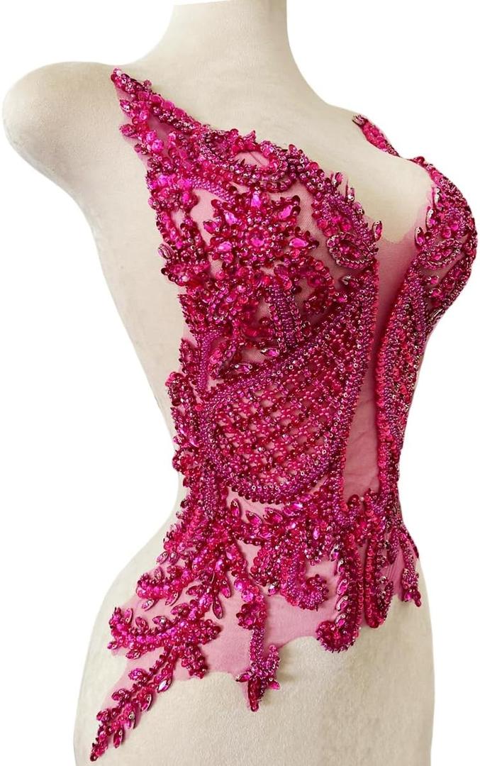 Handmade Rhinestone Applique Sewing Beads Stones Trim Patches for Skirt Accessories 15X22.4inches (Rose red)