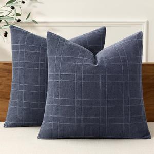 MIULEE Decorative Linen Check Euro Shams Throw Pillow Covers Neutral Farmhouse Vintage Pillow Covers 22x22 Set of 2 Boho Modern Home Decor for Sofa Couch Bedroom Cushion Navy Blue