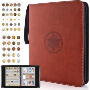 Coin Collection Book Holder for Collectors - 400 Coins Pockets+15 Bills Pockets, Coin Collection Organizer Storage Box Case Album for 20/25/ 27/30/ 38mm Coin (Brown)