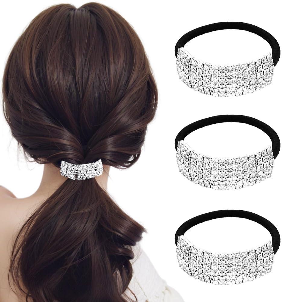3Pcs Fashion Elastic Scrunchies Rhinestone Hair Ties Ponytail Holder Headband Hair Accessories for Women Girls Hair Bands (3 Count (Pack of 1), silver)