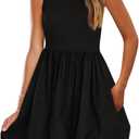 PRETTYGARDEN Summer Dresses for Women 2026 Casual Mini Short Cocktail Dress Sleeveless Tank Crew Neck Bubble Sundress Pockets (Large, Black)