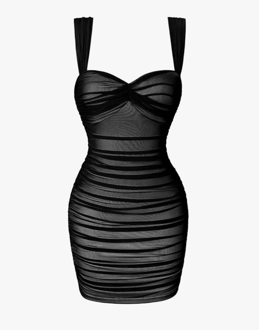 LAGSHIAN Women's Summer Sexy Bodycon Sleeveless Tank Straps Mesh Ruched Mini Party Dress, size M