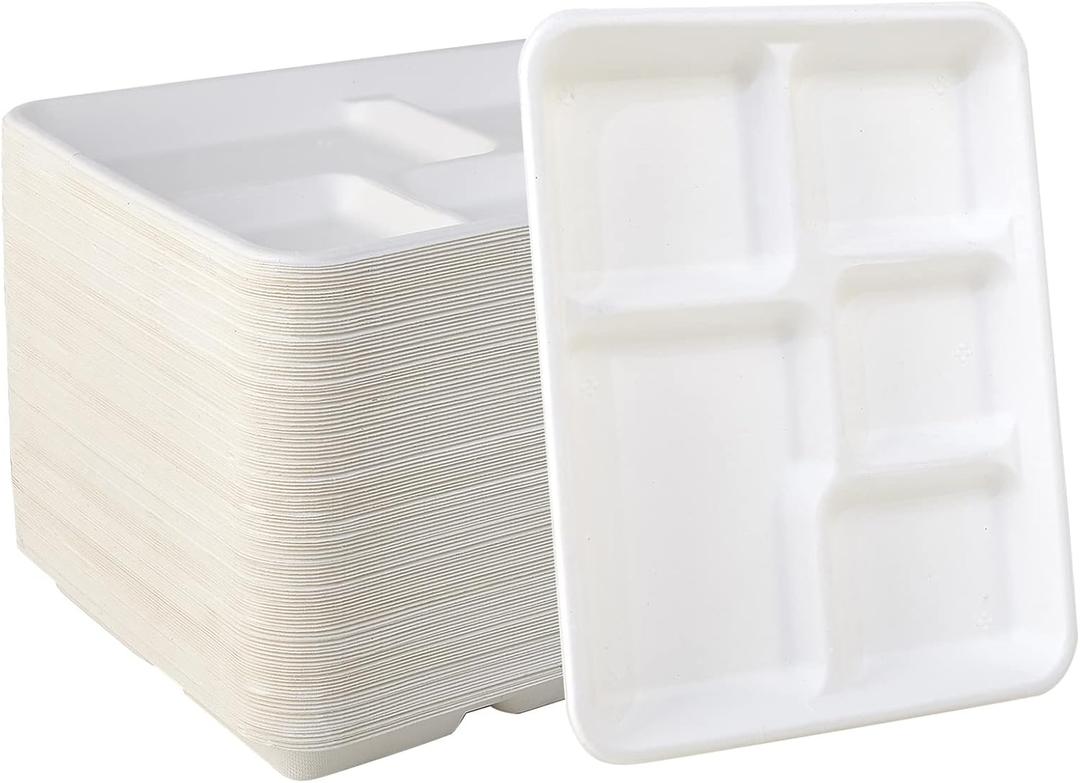 Vplus 500 Pack 5 Compartment Plates, 100% Compostable Paper Plate, 10.25x8.5 inch Disposable School Lunch Trays, Eco-Friendly Bagasse Plates for School Lunch, Buffet, and Party, Perfect for Kids