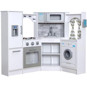 KidKraft Ultimate Corner Wooden Play Kitchen with Lights & Sounds, Play Phone and Curtains, White