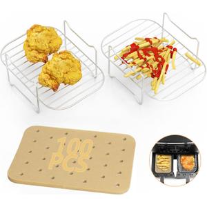 2PCS Air Fryer Rack Set with 100pcs Disposable Paper Liners Accessories for Ninja Foodi DZ201 DZ401 Stainless Steel Dehydrator Stand Parchment Paper for Double Grill Basket Instant Vortex Air Fryer