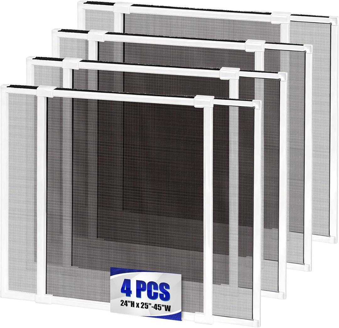 2 x 4 Pack Expandable Window Screen, 2 Way Adjustable Sliding Window Screen, Horizontal (24" H x 25" - 45" W), Horizontal and Vertical Adjustable, Replacement Screen for Window, Window Screens Mesh