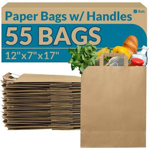 Reli. Paper Grocery Bags with Handles | 55 Pcs Bulk | 12"x7"x17" | Kraft Brown Paper Bags, Large | Use for Grocery, Take-Out, Restaurant, Retail, Shopping