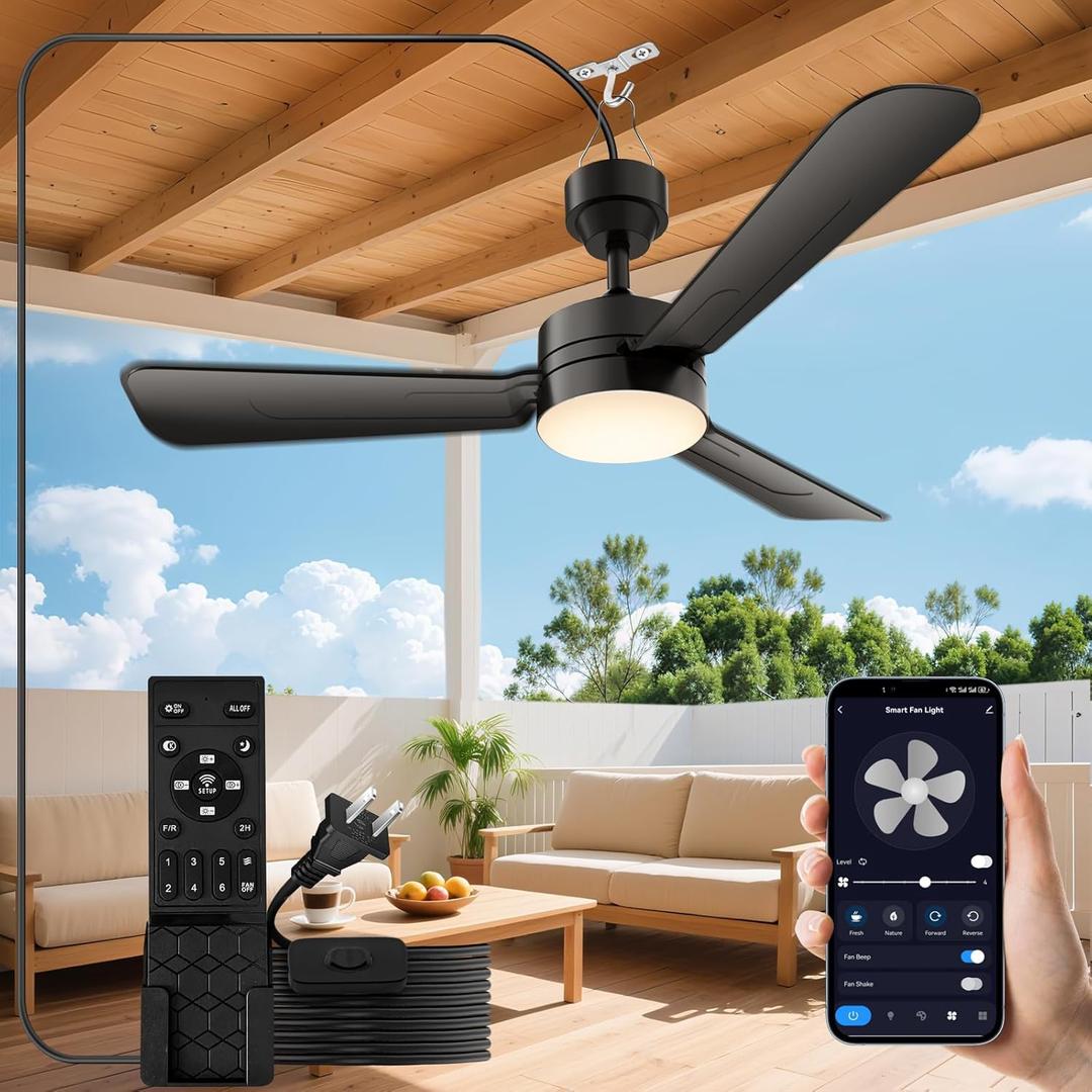 PBLALA Ceiling Fans with Lights, 28" Gazebo Fan Light,Plug in Ceiling Fan Light,Hanging Fan with Hook,Hook Type Ceiling Fan,40W,3000-6500k,Remote Control,Portable Fan for Patios,Pergola