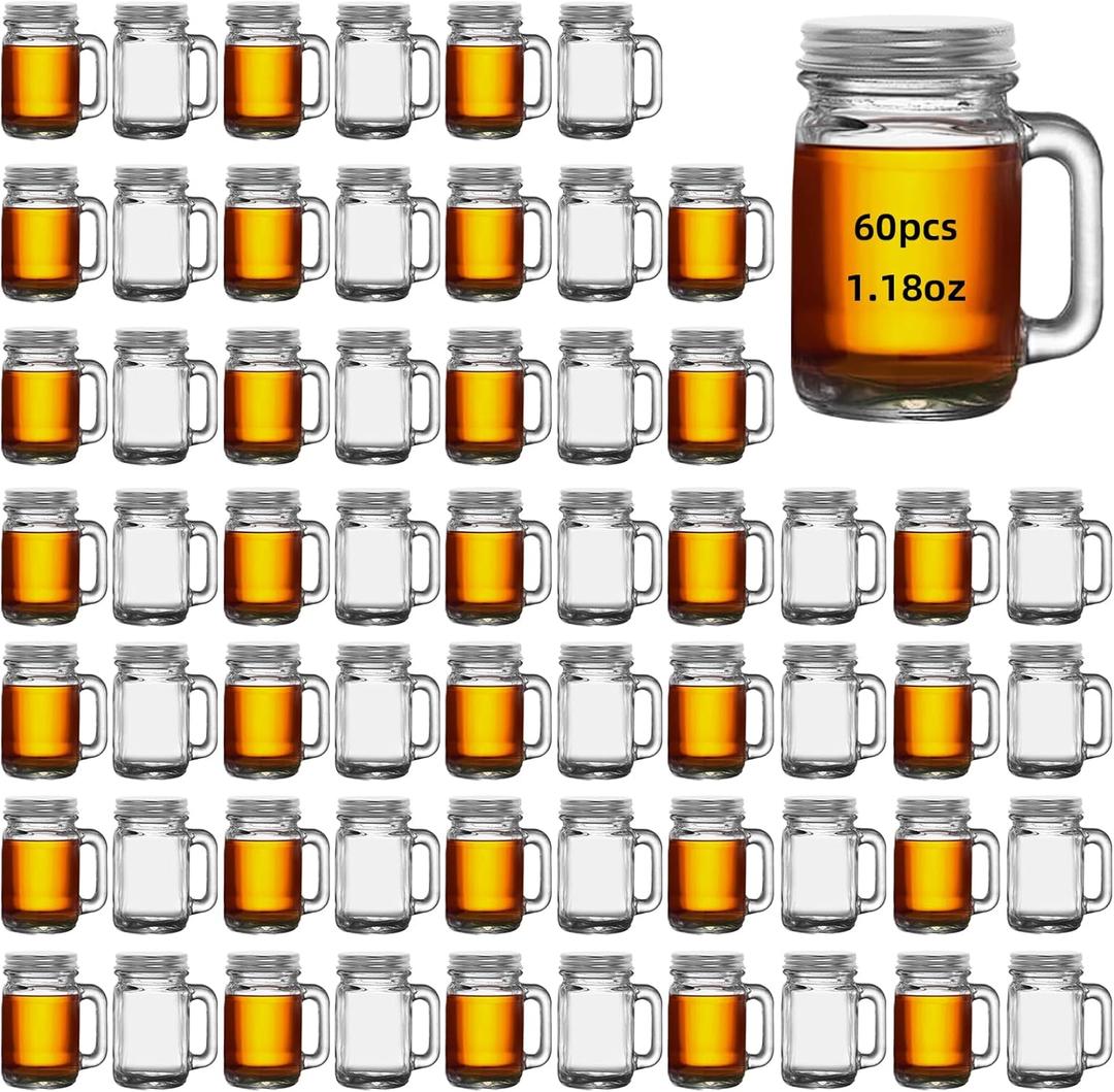 12 Pcs Mini Mason Jar with Handles,1.7oz/50ml,Premium Shot Glasses with Leakproof Lids for Drink,Dessert,Condiments,Jams,Candle,Craft (12)