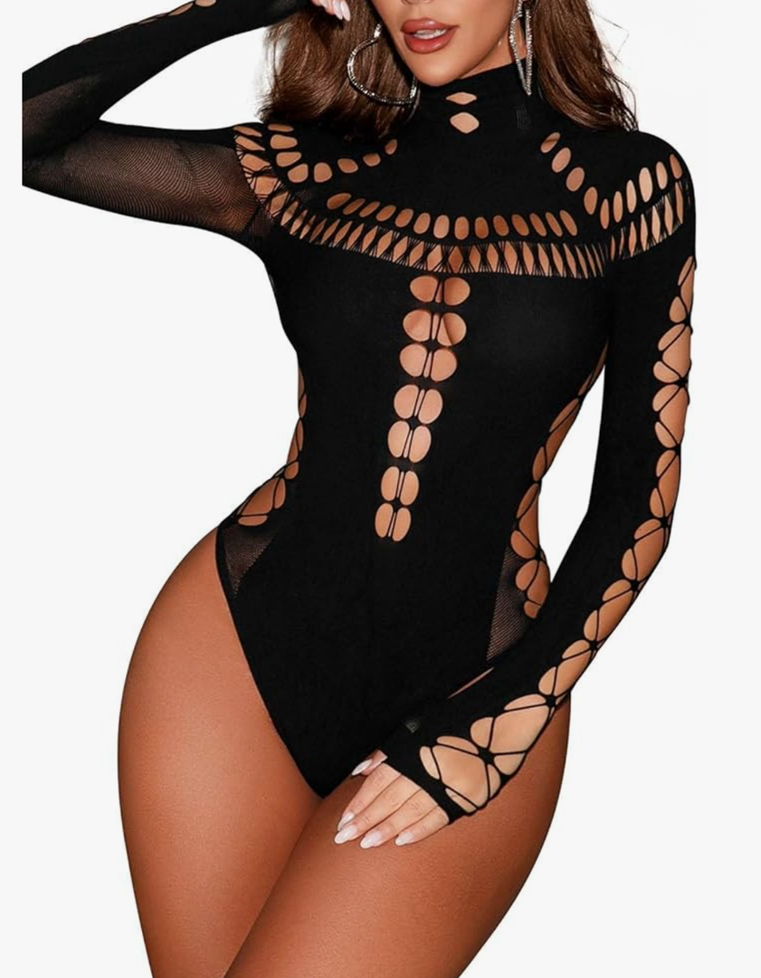 Women's Sexy Cutout Turtleneck Long Sleeve Bodysuit Tops Seamless Mesh Snap Crotch Thong Bodysuits Size Medium