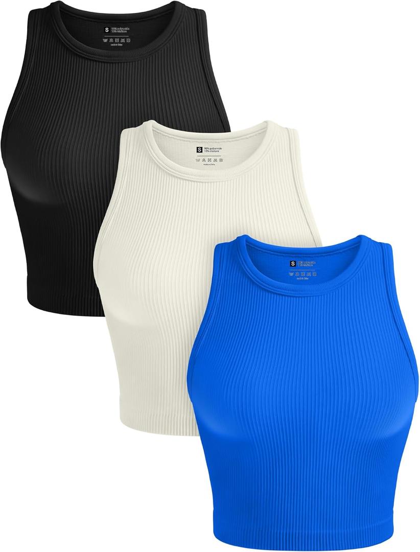 OLCHEE Womens 3 Pack Crop Tank Tops Basic Seamless Ribbed Round High Neck Racerback Workout Top Summer Causal Yoga Gym Shirts L