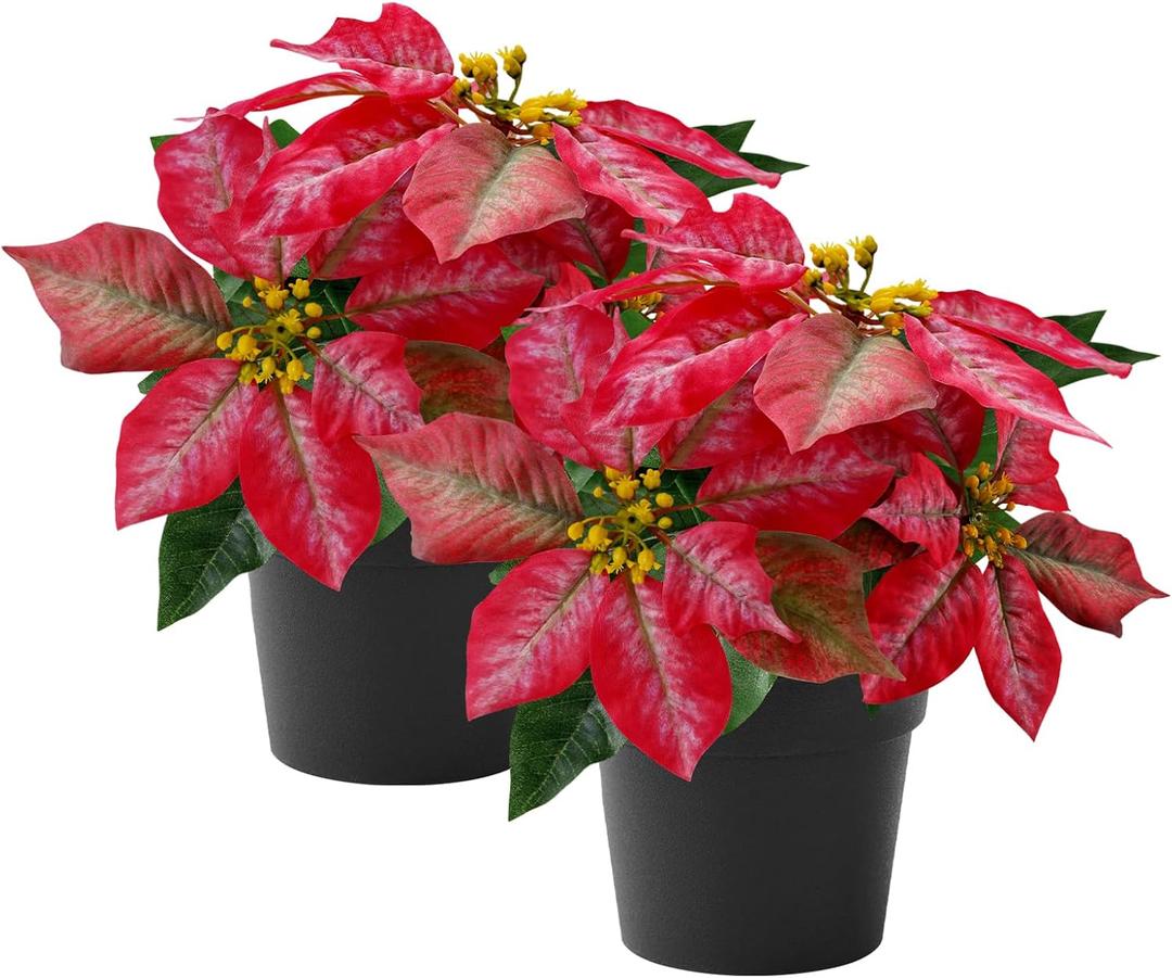 Poinsettias Artificial Christmas Flowers Tabletop 2 Pack Small Poinsettia Plant Artificial 9 Inch Red Faux Winter Flowers for Xmas Ornament Porch Home Garden Decorations