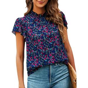 SimpleFun Women Boho Shirts Floral Ruffle Short Sleeve Summer Blouses Tops Bohemian-chic, mock neck, lightweight chiffon, flowy casual fit, business casual work blouse, printed beach vacation clothes M