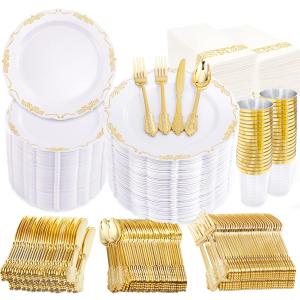 supernal 800pcs Gold Plastic Dinnerware Set,100pcs 10.25" Dinner Plates,100pcs 7.5" Dessert Plates,400 Gold Plastic Silverware,100 Cups,100 Napkins,100 Guest Tableware set