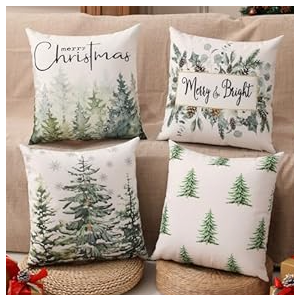 multiwins Double-Sided Print Christmas Pillow Covers 18"x18" Set of 4, 8 Cute Christmas Patterns, Tree, Merry Christmas, Truck, Merry & Bright, Let It Snow, Etc, Perfect for Home Decor