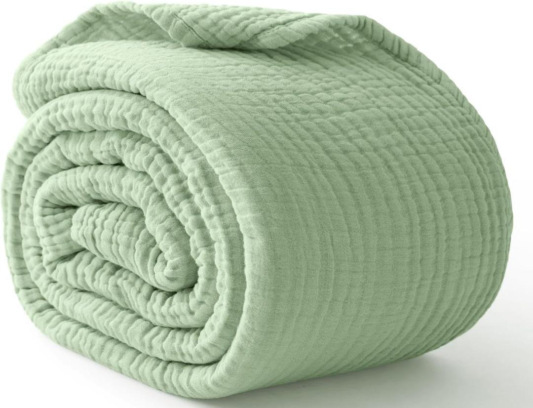 100% Cotton Muslin Blanket King 108" x 90", 6 Layers Breathable and Lightweight Cotton Throw Blanket for Bed, Soft Quilt Bedspread Coverlet, Gauze Blanket for Adults All Season, Sage Green (08 - Sage Green)