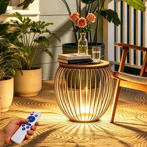 LED Outdoor Side Table, 18 Inch Metal Cage Patio End Table with Bottom LED Light, Solar Powered, 2-in-1 Multi-Purpose Stool, Waterproof Garden Furniture for Balcony Poolside Backyard