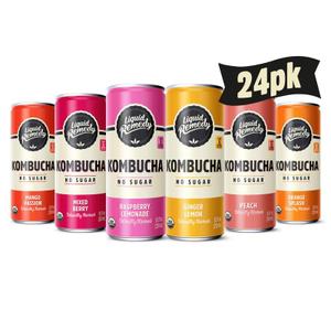 Liquid Remedy Kombucha Sugar Free Organic Drink, Low Calorie, Probiotic Like Tea for Gut Health - Super Sampler Variety Pack - 8.5 Fl Oz Can, 24-Pack BBD: 10-23-26