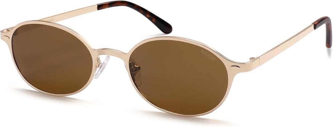 SOJOS Small Retro Oval Polarized Sunglasses Womens Mens, 80s 90s Chic Trendy Round Metal Frame Sunnies SJ1260, Shiny Gold/Brown