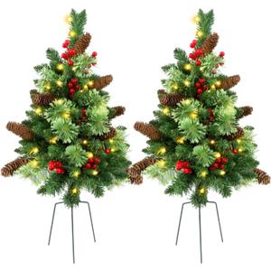 Set of 2 Pathway Christmas Tree Urn Filler, Lighted Artificial Mini Xmas Trees with Lights, Outdoor Christmas Decorations for Porch, Driveway, Yard (9 Pine Cones)