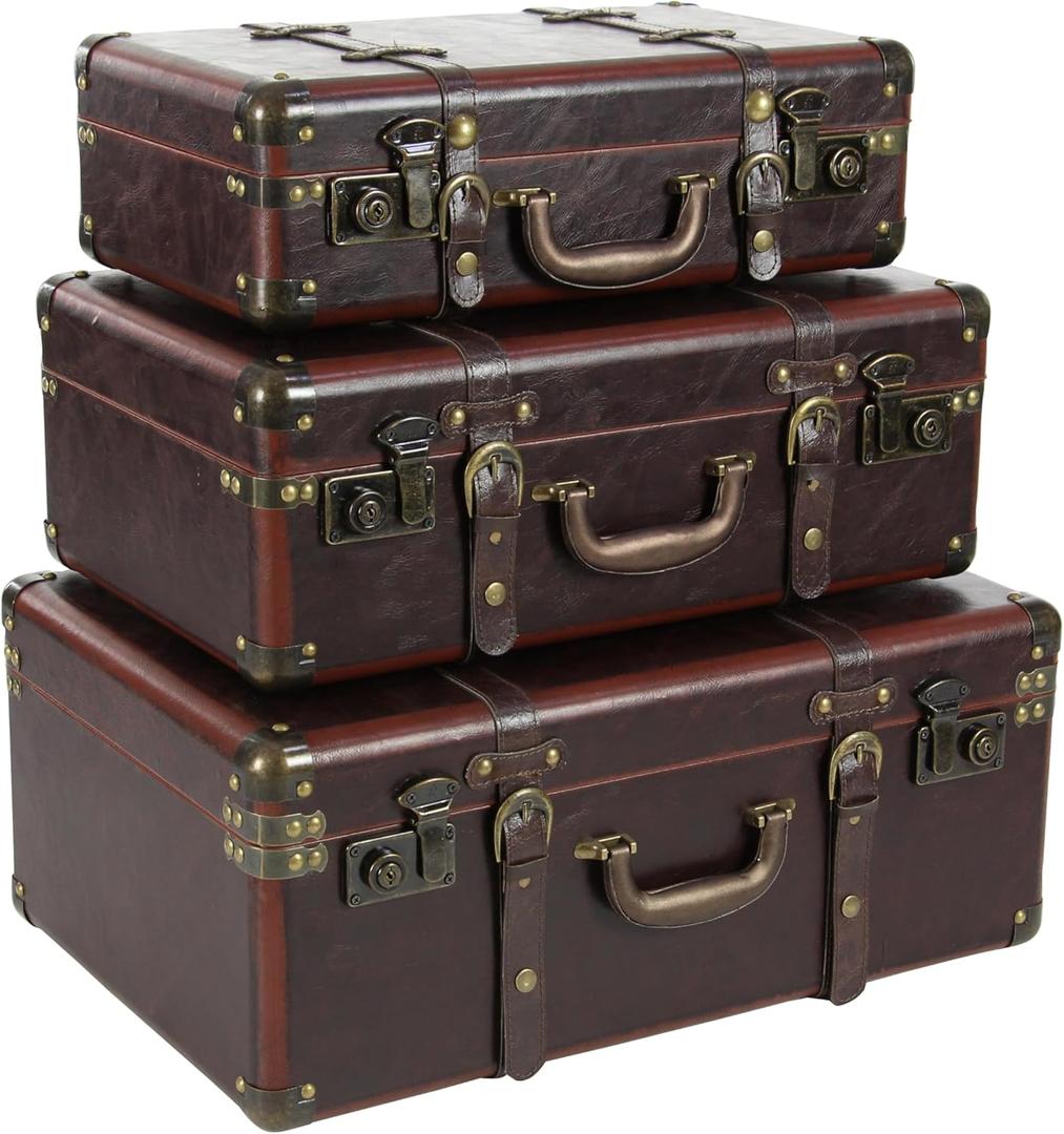 Deco 79 Faux Leather Trunk Nesting Upholstered Decorative Large Boxes with Vintage Accents and Studs, 18, 21, 23 Inches, Brown