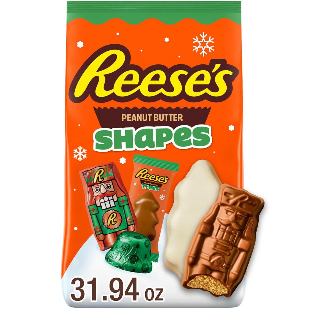 REESE'S Assorted Flavored Peanut Butter Shapes, Christmas Candy Bag, 31.94 Ounces (EXP 03/31/26)