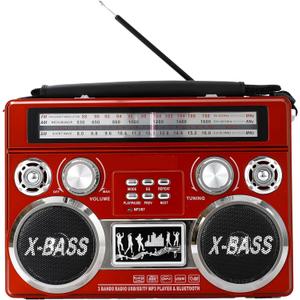 Supersonic SC-1097BT Portable 3 Band Radio with Bluetooth and Flashlight, M/FM/SW Receiver with MP3 Playback, High Sensitivity, Telescopic Antenna and Long-Lasting Battery (Red)