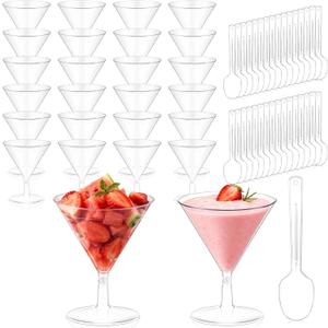 Yinkin 25 Cups and 25 Spoons Plastic Martini Glasses Disposable Cocktail Glasses Mini Martini Plastic Cups Dessert PVC Shot Unbreakable with Spoons for Weddings Party Wine Food (Clear,2 oz)