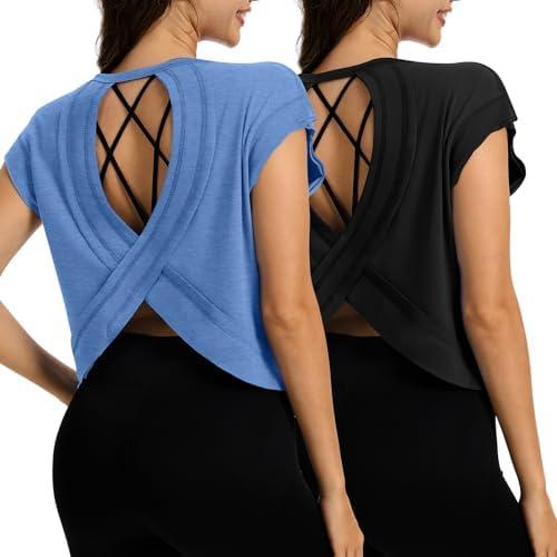 Simlakey 2 Pack Women's Open Back Workout Tops Short Sleeve Backless Athletic Shirts Loose Fit Crop Tops Running Gym Yoga Tee L