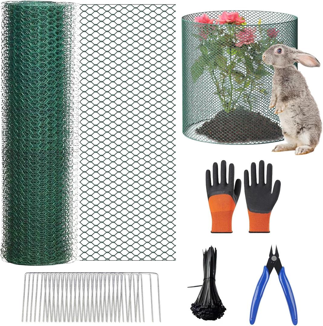 32.8Ft x 16In Plant Cages for Outdoor Plants, Plant Covers from Animals, Garden Wire Plant Protector to Keep Animal Out, Chicken Wire Cloche with Ground Stakes, Nylon Ties