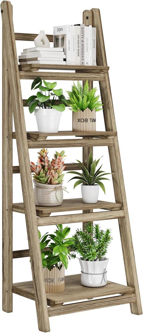 Ladder Shelves - Folding Wooden Ladder Bookshelf, 4-Tier Retro Plant Stand Storage Shelves for Home Living Room, Light Brown