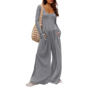 Yanekop Womens Overalls Loose Fit Long Sleeve Wide Leg Jumpsuit Dressy One Piece Casual Rompers Outfits Vacation Clothes (Medium, Grey)