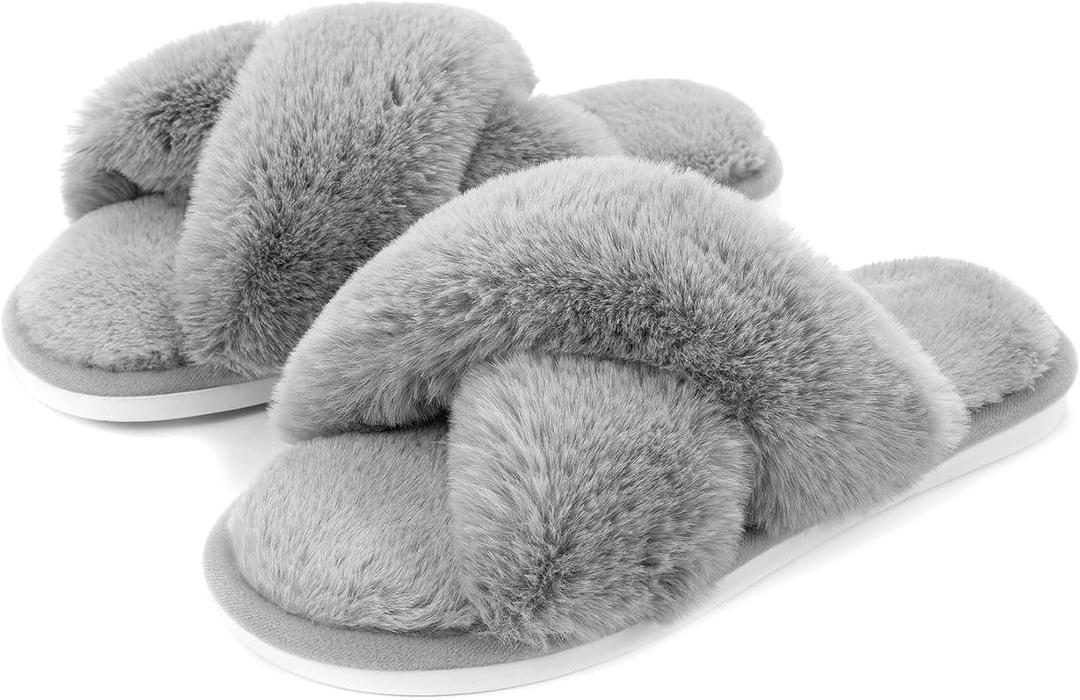 Metog Women's Fuzzy Cross Band Indoor/Outdoor Soft Open Toe Slippers (9-10, Grey)
