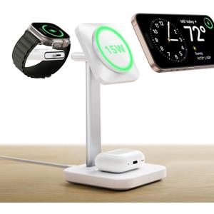 ESR 3 in 1 Wireless Charging Station, [Certified] Apple Watch Charger & 15W MagSafe Charger Stand for iPhone, Wireless Charger for Multiple Devices iPhone 17-12&Watch&AirPods,White