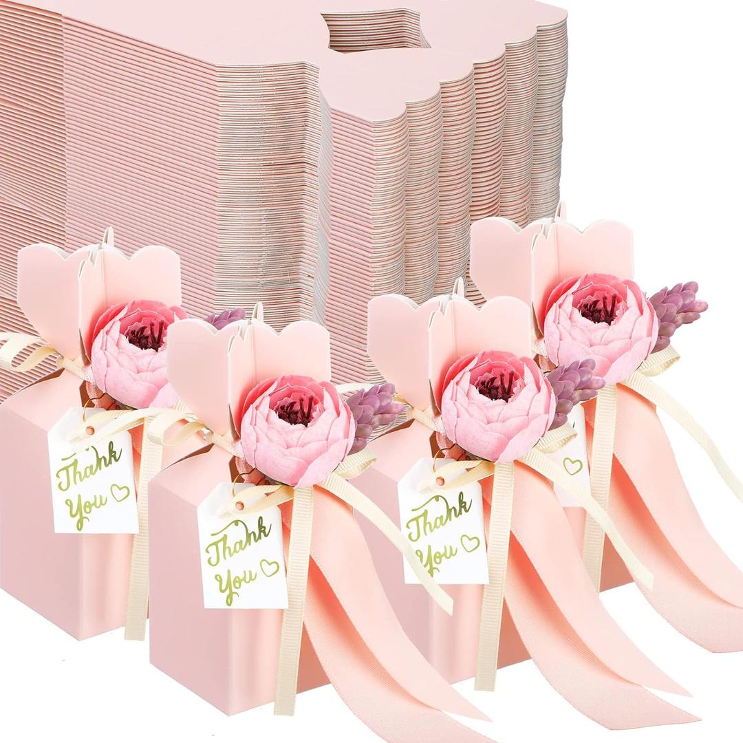 TaoBary 50 Pcs Bridal Shower DIY Wedding Favors Candy Boxes with Ribbon and Flower Flower Party Favor Boxes for Engagement, Wedding Decorations (Pink)