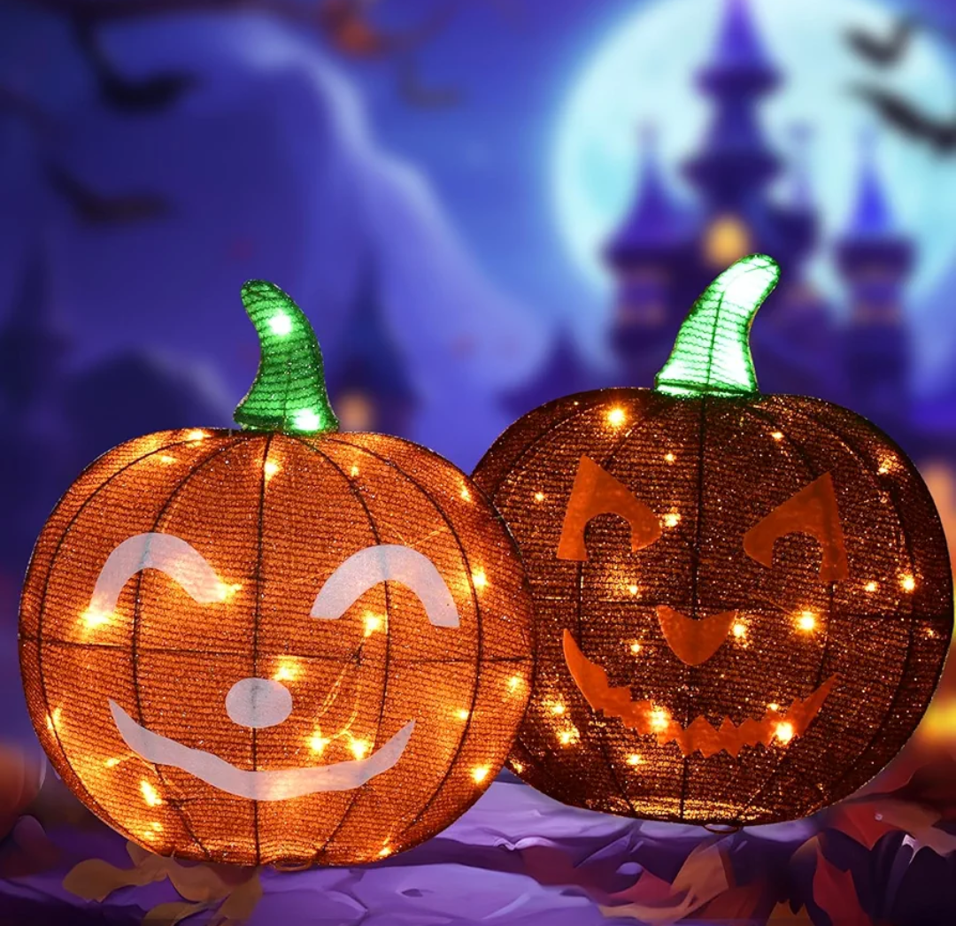 Halloween Decorations Outside Lighted Pumpkin - HOYECHI Outdoor Halloween Decor 2 Pumpkins 1.5FT, Light Up Pumpkin with 62 Led Lights, Ground Stakes, for Front Yard Porch Gardens Lawns Party, Black and Orange 