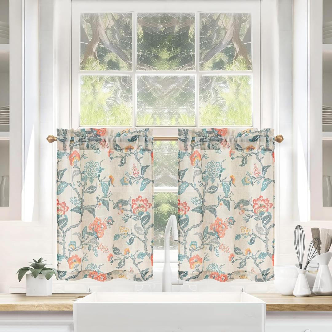 DriftAway Kitchen Curtain Floral Tier Linen Short Botanical Print Cafe Curtains 36 Inch Length for Living Room Bathroom Ada Farmhouse Rustic Drapes Rod Pocket 2 Panels Multi