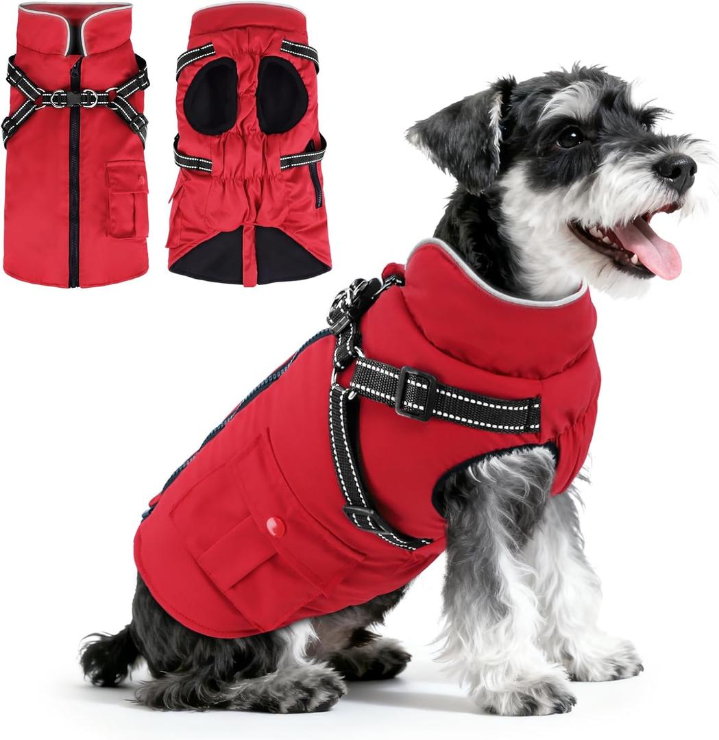 Dog Winter Coat with Harness Built-in | Waterproof Dog Jacket with Zipper & Fleece Lining | Reflective Cold Weather Coat for Small Medium Large Dogs (M, Red)