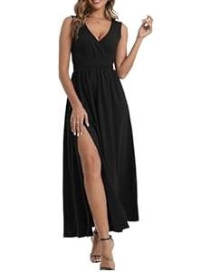 Tehoao Womens Sleeveless Sexy Deep VNeck Maxi Slit Dress Casual Summer Beach Resort Sundress Long Flowy Split Dresses Black Size 3 XL