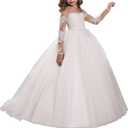 Abaowedding Lace Embroidery Sheer Long Sleeves Kids Trailing Gowns