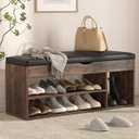 Apicizon 39 Inches Storage Bench with Padded Cushion, Shoe Bench with Storage Space, Upholstered Entryway Bench for Living Room, 2-Tier Shoe Rack Organizer, Brown