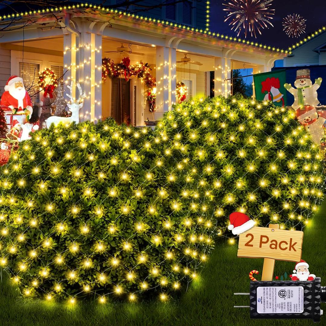 Hezbjiti Christmas Net Lights Outdoor 200 LED 6.9FT x 5.4FT Clear Wire with 8 Modes, Connectable Plug in Waterproof, Timer Memory Function for Xmas Tree Bush Porch Lawn Windows Decor2 Pcs Warm White