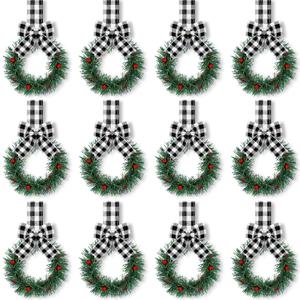 Retrowavy 12 Pcs Christmas Kitchen Cabinet Wreaths with Ribbon 3.94 Inch Mini Christmas Wreath Small Kitchen Xmas Decor for Window Door(White and Black Plaid,Stylish Style)