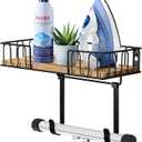 TJ.MOREE Ironing Board Hanger Metal Wall Mount Iron and Ironing Board Holder, Laundry Room Decor and Storage with Large Storage Black Wooden Base Basket and Removable Hooks (Beechwood)