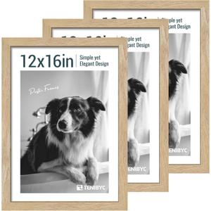 12x16 Picture Frame Set of 3 - Natural Solid Wood, Poster Frame with HD Tempered Glass, Horizontal or Vertical Hanging for Wall Gallery, Living Room, Office