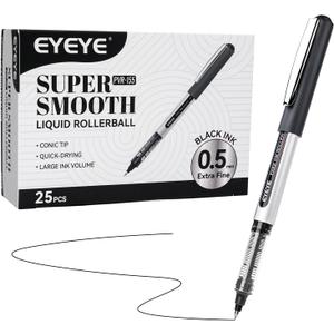 EYEYE 0.5mm Black Rollerball Pens 25 Pack, Extra Fine Point Roller Ball Pen Quick Dry, Liquid Ink Pens Fine Point Smooth Writing Pen for Journaling, Note Taking, Office, School Supplies